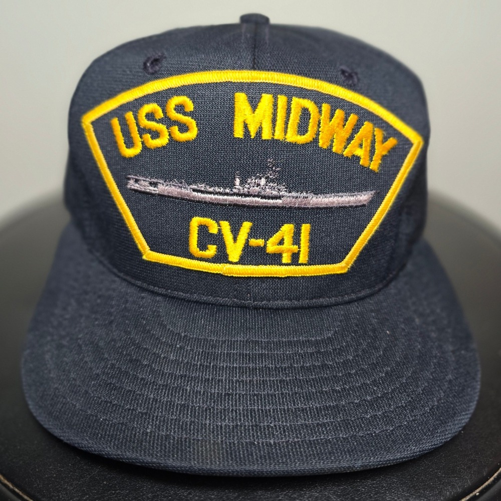 Vintage Military USS Midway CV-41 Naval Aircraft Carrier USA War Snapback Hat